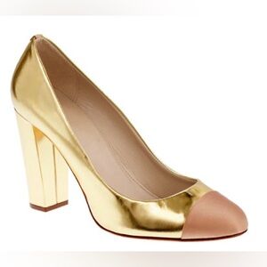 J. Crew Gold Patent Etta Heels with champagne satin cap toes 11